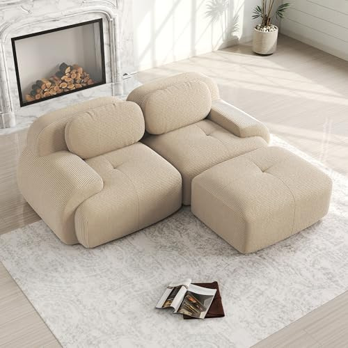 Luscriate Modernes Boneless L Couch klein – Niedriges Cloud Couch Design, modulares Cord Sofa ohne Montage, weiche Lounge Couch für Wohnzimmer Beige 2-Sitzer +1 (Beige, H-2S+1)