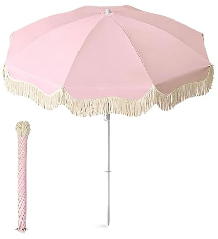 YAVYAV Sombrilla De Playa 150cm Estilo Boho Chic Con Flecos, Parasol Vintage UPF 50+ Protección Solar Y Térmica, Portátil Para Jardín, Terraza, Piscina Y Camping, Beige(Ice pink)