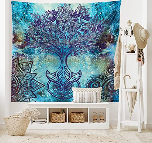 ABAKUHAUS Grunge Wandteppich, Ethnische Mandala Bäume, Wohnzimmer Schlafzimmer Heim Seidiges Satin Wandteppich, 200 x 150 cm, Türkis Braun