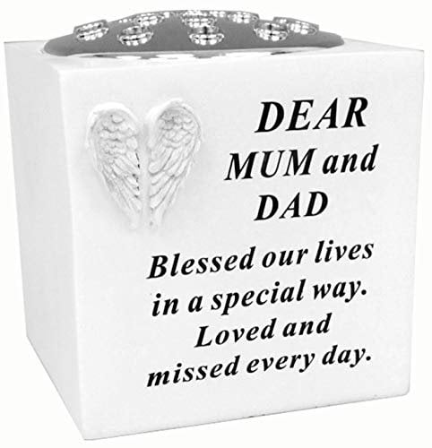 David Fischhoff Mum and dad White Angel Wings Rose Bowl with Silver Lid, Weatherproof - for Graveside Flower Arrangements, 14 X 15 Cm