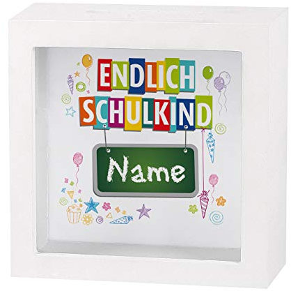 Striefchen® Geldgeschenk zur Schuleinführung EIN Bilderrahmen mit Geldschlitz als Spardose - Endlich Schulkind - mit Namen des Schulanfängers ohne Foto