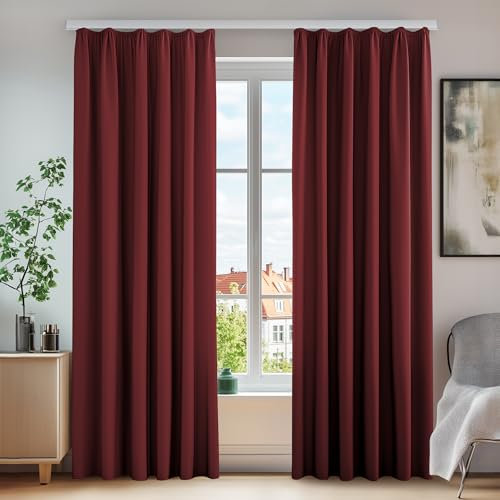 Deconovo Vorhänge Kälteschutz Blickdicht Dicke Gardinen mit Kräuselband Warm, 245x140 cm(HöhexBreite), Rot, 2er Set