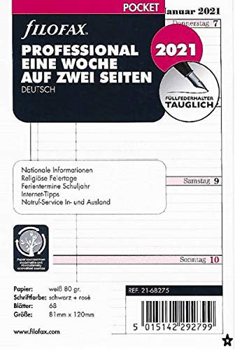 Filofax 2021 Kalender Pocket A7 Kalendarium 1Woche 2Seiten Professional Wochenblätter 21-68275 Weiss/Rosa