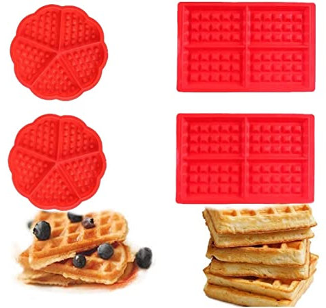 VOARGE Lot de 4 Moules en Silicone - Gaufres, Gâteau, Glaçons, Chocolat, Bonbons - Rouge - Cœur et Rectangulaire