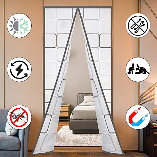 Insulated Door Curtain, Thermal Magnetic Self-Sealing EVA Door Screen Winter Stop Draft Keep Cold Out Door Cover for Kitchen, Bedroom, Air Conditioner Room,Hands Free,Fits Doors up to 34 x 80, Grey
