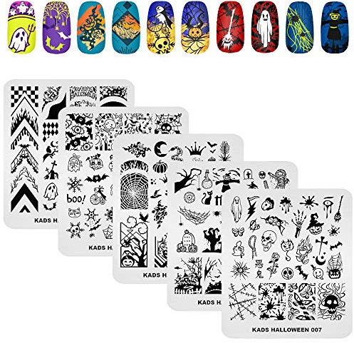 KADS 5-teiliges Nagelstempelplatten-Set, Halloween-Nägel, Kunst-Stempelplatte, Nervenkitzel-Muster, Fledermaus, Spinne, Skelett, Kürbis, Laterne, Hexe