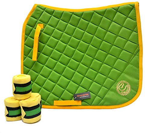 Equipride Dressurschabracken-Set mit passendem Fliegenschleier & Bandagen grün/gelb (voll/cob)