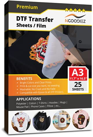 DTF-Transferfolie glänzend klar PreTreat Sheets PET Wärmetransferpapier für DYI Direktdruck auf T-Shirts Textil A3 (29,7 x 41,9 cm) (A3 (25 Blatt))