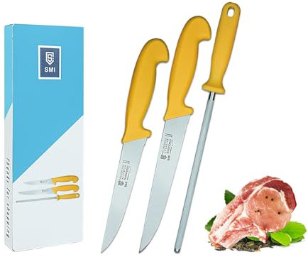 SMI Solingen - 3 Piezas Cuchillo Carnicero Cuchillo Chef Cuchillo Carne y Chaira Afilar Cuchillos - Made in Germany