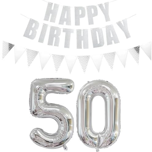 Luftballons Zahl 50 Silber + Happy Birthday Girlande + banner Folienballon 50.Geburtstags deko frau mann ballons 50 Jahre Geburtstag deko frauen Zahlenballon 50 Geburtstag dekoration Männer frau(50)