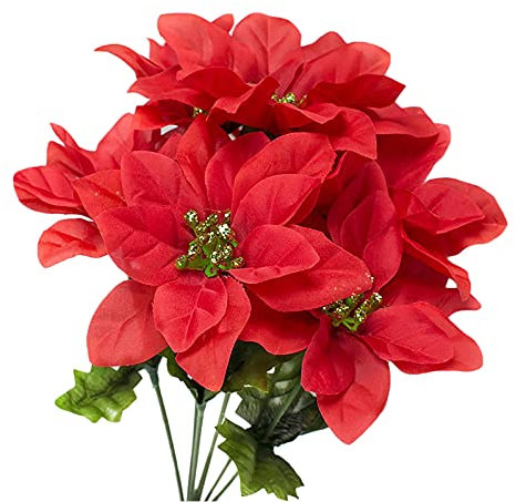 MISNODE Künstlicher Weihnachtsstern, Blumenstrauß, Weihnachtsstern, Kunststoff, für Innen- und Außenbereich, für Zuhause, Veranda, Küche, Büro, Dekoration, Rot, 6 Stück