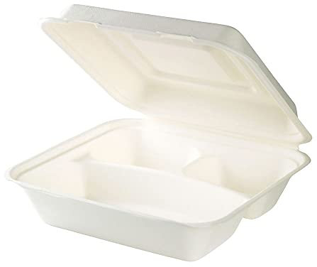 BIOZOYG Zuckerrohr Menübox-3-geteilt I nachhaltiges Take-Away-Geschirr biologisch abbaubar I Zuckerrohr Box für heiße & kalte Speisen unbeschichtet 23,8x23,9x8,1cm I Lunchbox 3 Kammern 50 Stück
