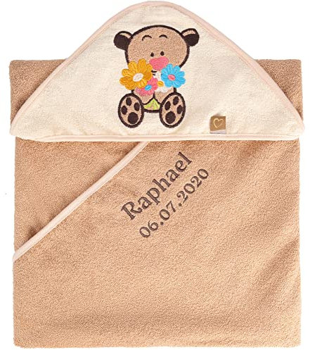 Be Mammy Kapuzenhandtuch Babyhandtuch aus Baumwolle Bestickt mit Name und Geburtsdatum Oeko-Tex Standard 100 100cm x 100cm BE20-281-BBL (Beige - Bär)