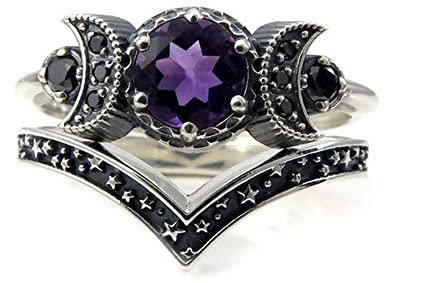 Hecate Triple Moon Ring Set, Amethyst oder Roter Kristall Engagement Hochzeit Schwarzer Ring für Frauen Mondgöttin Schmuck Boho Gothic Jubiläumsgeschenk (7, B)