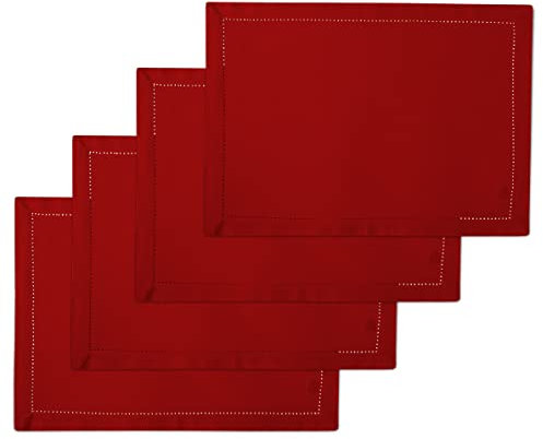 Encasa XO Tischsets Set aus 4 | Reine Baumwolle mit Hohlsaum-Design | Rot | Rechteckige 48x32 cm - Tischuntersetzer | Maschinenwaschbar