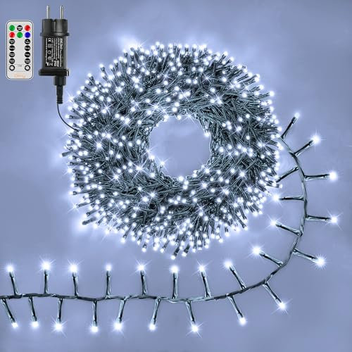 Ollny Luces Navidad Exterior 15m 1000 LED Blanco Frío Luces árbol Navidad Racimo Interior Guirnalda Luces Perfectas para Decorar la Fiesta de Boda, el Jardín, la Ventana, Halloween Cable Verde oscuro