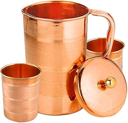 Pichet en cuivre de 1,5 litre avec 2 pichets d'eau en verre en cuivre pour la guérison ayurvédique sans doublure intérieure, carafe ayurveda pour eau potable, Moscow Mule, cocktail (design 02)