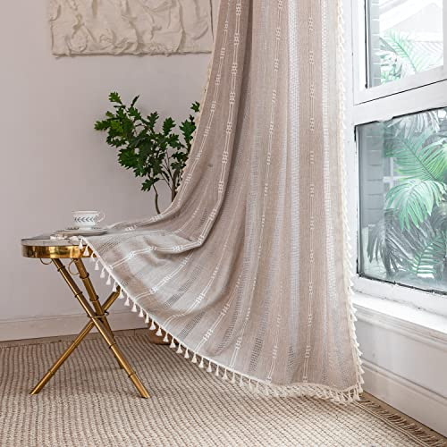 Linen Curtains 84 Inches Long - Embroidery Striped Farmhouse for Living Room, Tassel Boho for Bedroom, Light Filtering 2 Panels Set Rod Pocket Drapes (52 W x 84 L, Khaki)