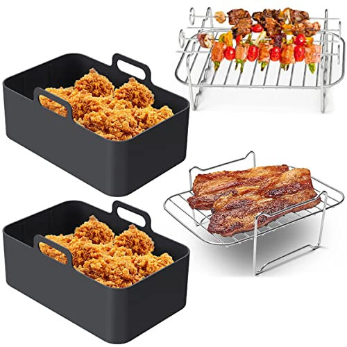 8Pcs Air Fryer Accessories Set with 2 Air Fryer Silicone Pot and Air Fryer Rack with 4 Skewer 1 Steamed Rack Reusable Air Fryer Liner with Handle Stainless Steel Air Fryer Rack (Black)