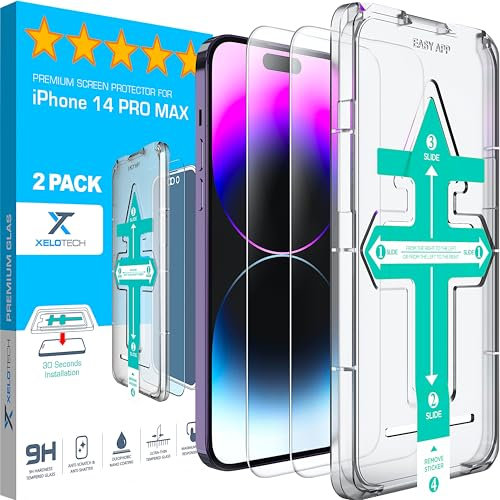 XeloTech Premium Schutzglas für iPhone 14 PRO MAX aus Panzerglas - 9H+ Härtegrad - 2 Stück - Mit Schablone für Schnelle Installation