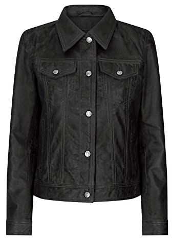 Womens Vintage Retro Jeans Jacket Style Real Leather Short Biker Grease 1980s Classic - Black L