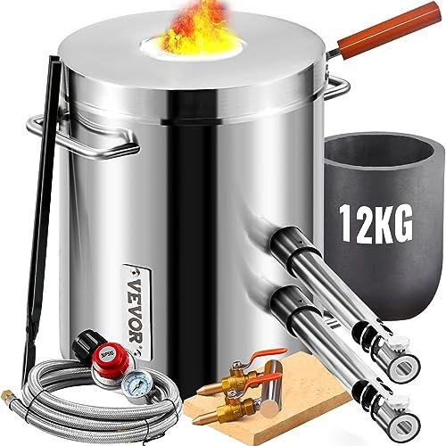 VEVOR Four de Fusion à Gaz 12kg 1482℃ Four à Propane Fonderie 2 Fonction Fusion et Forgeage Kit de Four de Fusion de Métal Creuset en Graphite 2 Brûleurs pour Fondre Or Alu Argent Recyclage Ferrailles