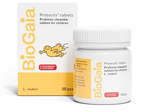 BioGaia Protectis Kids Tablets | 30 Chewable Probiotic Supplements with 100 Million Live L. Reuteri | Gut Health and Comfort | Digestive System Support for Children - Strawberry Flavour