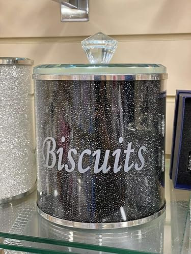Biznest Diamond Crushed Biscuit Cookies Canister Jar Tin Kitchen Storage containers Silver Trimmings Crystal Filled gift (BLACK)