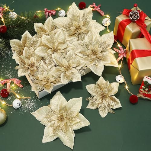 Alupssuc 24 Pieces Artificial Christmas Flowers Decorations Poinsettia Christmas Glitter Wedding Xmas Tree New Year Ornaments with Clip and Stick, Gold