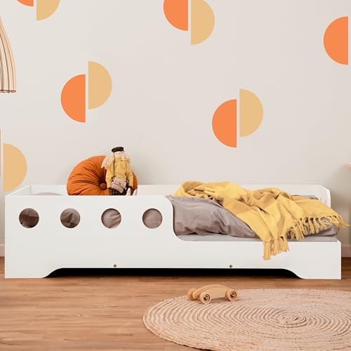 smartwood TILA 5P Kinderbett 80x160 | Montessori Bodenbett mit Lattenrost & Rausfallschutz | Für Jungen & Mädchen | Weiß | Sicheres und Robustes Holzbett für Kinder ab 3 Jahren