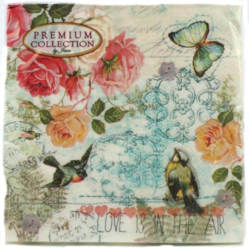 Premium Collection by Jean 20 Stück Servietten Rosen Vögel Schmetterling Blumen