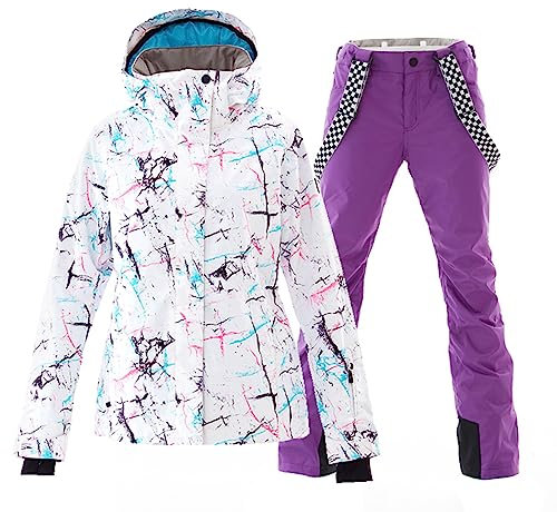 ALSOGO Damen Skianzug Schneeanzug Winddicht Wasserdicht Skifahren Snowboardjacke Trägerhose Set Zum Skifahren Snowboarden Klettern SMNWT+Purple XL