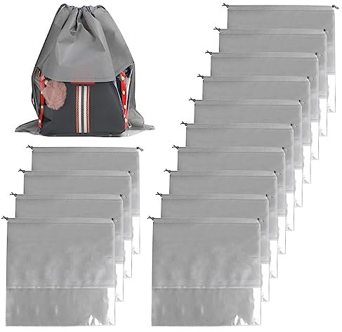 JOJOCY 15Pcs Dust Bags for Handbags, 35cm Non-Woven Fabric Dustproof Drawstring Bag Clear Window Dust Cover Storage Bags Handbag Storage Organizer (Grey)