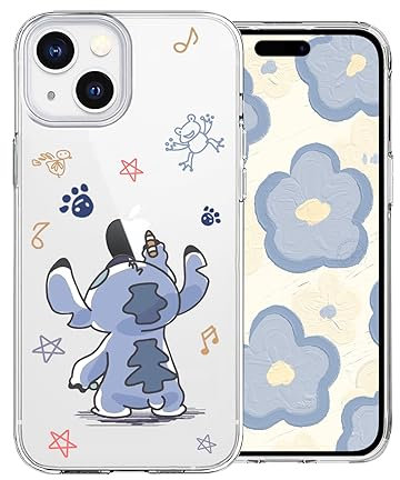 DiyGody Kawaii Phone Case for iPhone 15 Clear with Cute Big Ear Blue Dog Pattern for Women Girls, Thin Slim Soft Silicone TPU Bumper Protection Cover Compatible for iPhone 15 6.1”