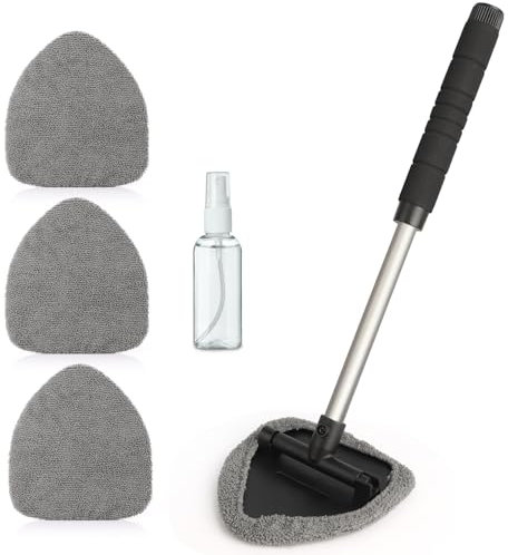 JTENG Auto Scheibenreiniger Set, 5er/Set Mikrofaser Reiniger Schwenkbar mit Waschbar Mikrofaser Wischtuch 30ml Sprühflasche Reinigungstuch Aufbewahrungstasche für Auto Home Küchen (Grau Set)