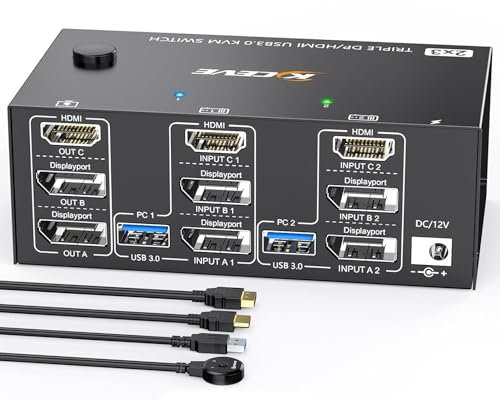 Switch KVM 2 PC 3 Monitores 8K@60Hz 4K@144Hz,Triple Monitor HDMI+2 Displayport KVM Switch para 2 PC Share 3 Monitores y 4 dispositivos USB3.0,con fuente de alimentación 12V DC+control remoto con cable