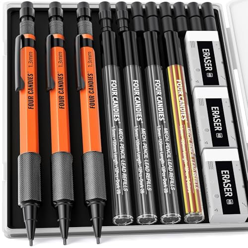 Four Candies 3PCS 1.3mm Porte mines avec étui, porte mines en métal pour charpentier avec 48 recharges (rouge, noir, jaune) 3 gommes pour le marquage du travail du bois à l'extérieur (Orange)