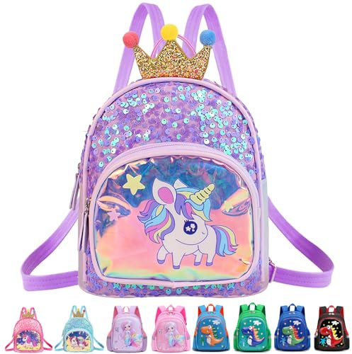 YOUYIKE Einhorn Rucksack Kindergarten, Lila Rucksack Kinder mit Krone Pailletten, Kindergartenrucksack Mädchen für Kinder von 2-5 Jahren, Kinderrucksack für Kita, Krippe, Ausflüge, Freizeit