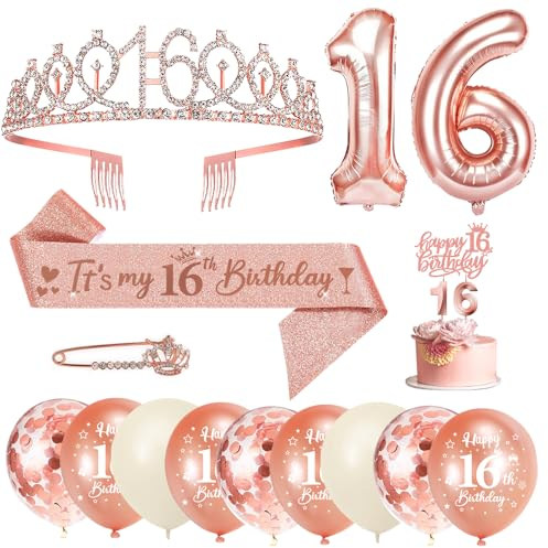 16. Geburtstag Mädchen Schärpe und Krone/Tiara, Zahlen Luftballon, Konfetti Luftballons, Geburtstagskerzen, Happy Birthday Tortendeko für Mädchen Geburtstagsdeko