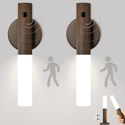 SYMYNELEC 2 Stück Akku Wandleuchte Holz mit Bewegungsmelder, USB Kabellose Wandlampe Innen ohne Stromanschluss, Warmweiß Magnetische Nachtlicht ohne Bohren für Flur Treppen Wohnzimmer (Dunkles Holz)