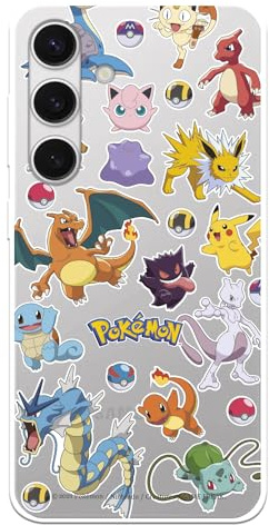 Schutzhülle kompatibel mit Samsung Galaxy S24, offizielle Pokémon-Sticker und Poké-Ball, um Ihr Handy zu schützen, flexible transparente Silikonhülle, offizielle Pokémon-Lizenz
