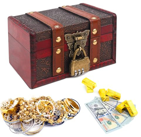 Erzekrim Vintage Holz Schatztruhe Schatztruhe mit Zahlenschloss Holz Aufbewahrung Schatzkiste Schatztruhe mit Deckel, Schatztruhe Kinder für Aufbewahren und Dekorieren Geschenke 16 x 10 x 9cm