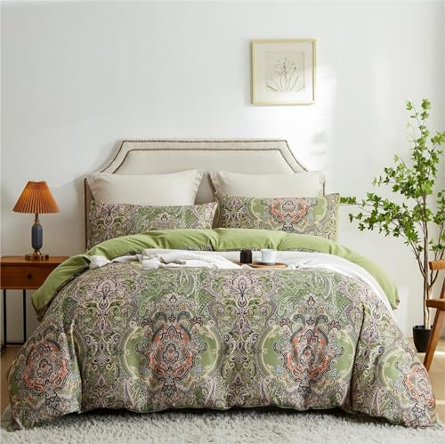 Freyamy Bohemian Bettwäsche Set 220x240cm 3Teilig Boho Indischen Mandala Böhmisch Bettbezüge 100% Mikrofaser mit Reißverschluss Grün Bunt Vintage Bettbezug und 2 Kissenbezüge 80x80