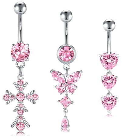Rajnard Bauchnabelpiercing 14G Dangle Bauchbanane Barbell 10mm Chirurgenstahl baumelnden Bauchnabel Ringe Blume Schmetterling Herz Nabelpiercing Schmuck für Frauen Silber Rose Gold Rosa Blau