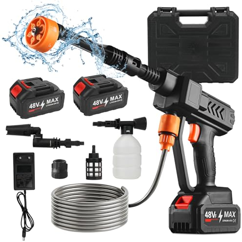 Hidrolimpiadora de Alta Presión Portátil, Hidrolimpiadora a Batería Kit con 2 Batería 1200 mah, Limpiadoras a presión con Boquilla Multifuncional 6 en 1, para Lavado de Balcones y Coches