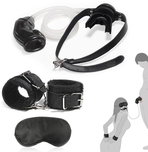 Urinal Piss Trichter Ball Gag Mundknebel mit Urin Katheter Penishülle,Fetisch Knebel Mund Extrem,Bondage Fesseln Handschellen,Augenmaske Schwarz,BDSMs Spielzeug (Schwarz Gag + Schwarz Sleeve)