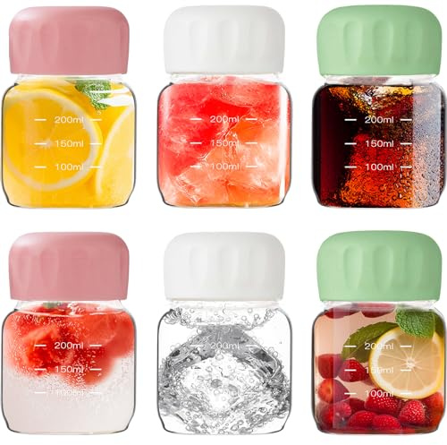 Danmu 6 Pack Glass Water Bottles, Clear Water Bottles Leakproof 10oz, Small Water Bottles 300ml,Glass Juice Bottles for Juicing, Juice Bottles,Glass Juice Bottles with Lids,Assorted Color