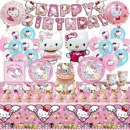 Kitty Geburtstagsdeko Set, Partygeschirr Kindergeburtstag Kitty Party Deko Geburtstagsdeko Kit Geburtstagsdeko Luftballon Banner Pappteller Folienballon Servietten Tortendeko Kuchen für Kinder Mädchen