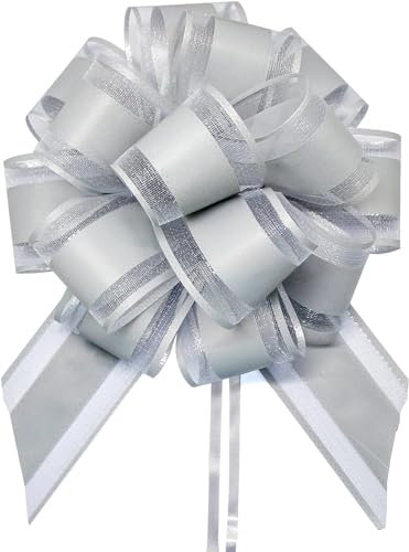 FQTANJU 5 PCS 6 inches Large Pull Bows, Bow for Gift Wrapping, Ribbon Bows for Wedding Christmas Birthday Party Gift Baskets or Valentine's Day Flower Gift Boxes Decoration (Silver)
