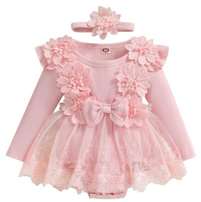 Zukmuk Bambine Vestito Set Cerimonia Abito Romper Neonata in Misto Cotone Pagliaccetto Maniche Lunga e Fascia Bowknot Elegante Tunita da Battesimo (Rosa, 6-9 Months)